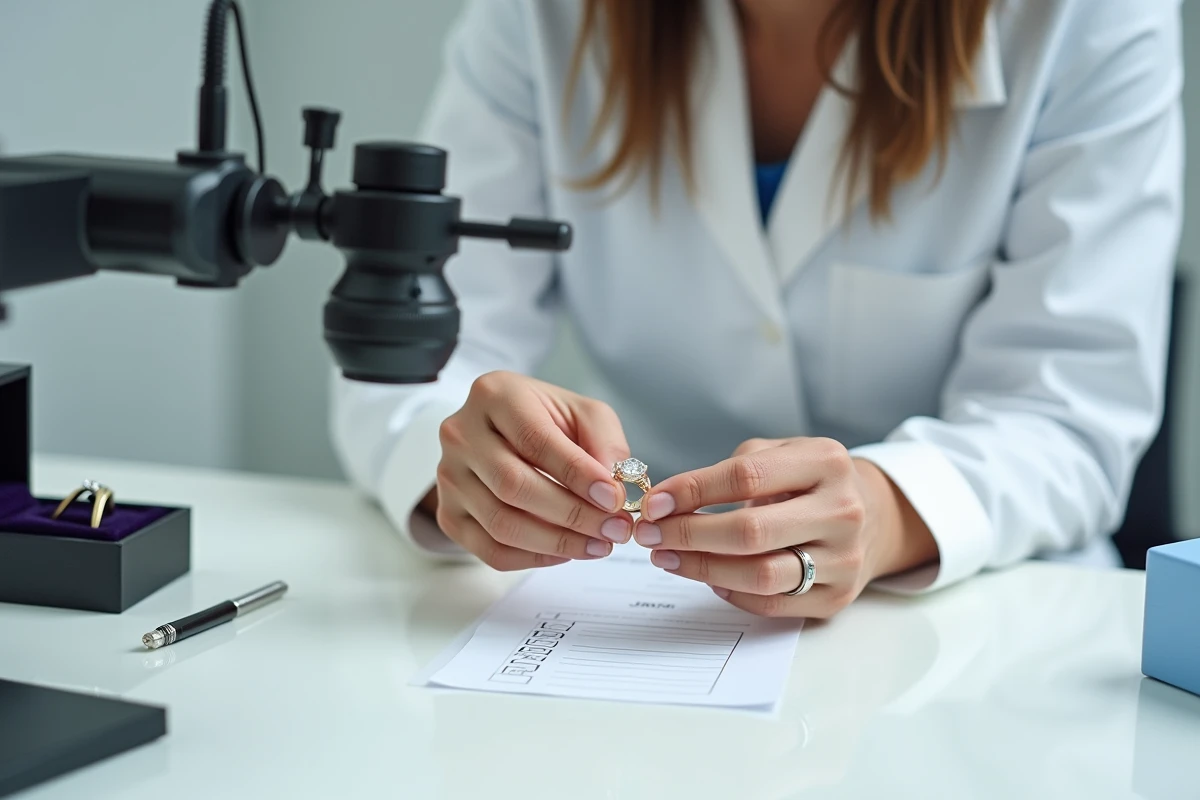 Contrôleuse qualité examinant une bague de fiançailles terminée avec une loupe professionnelle avant livraison