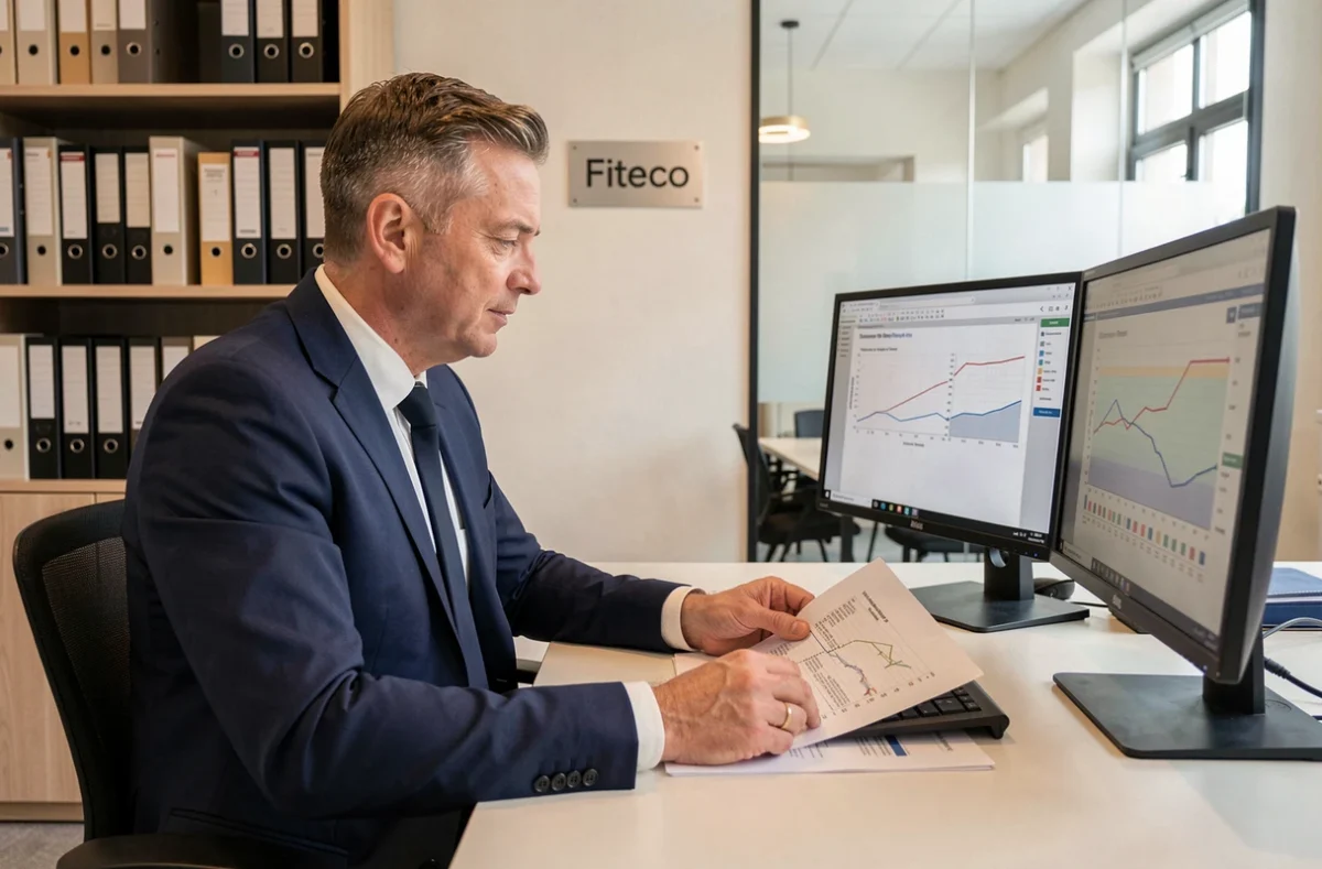 Un expert-comptable du cabinet Fiteco à Nantes analysant un rapport financier à son bureau