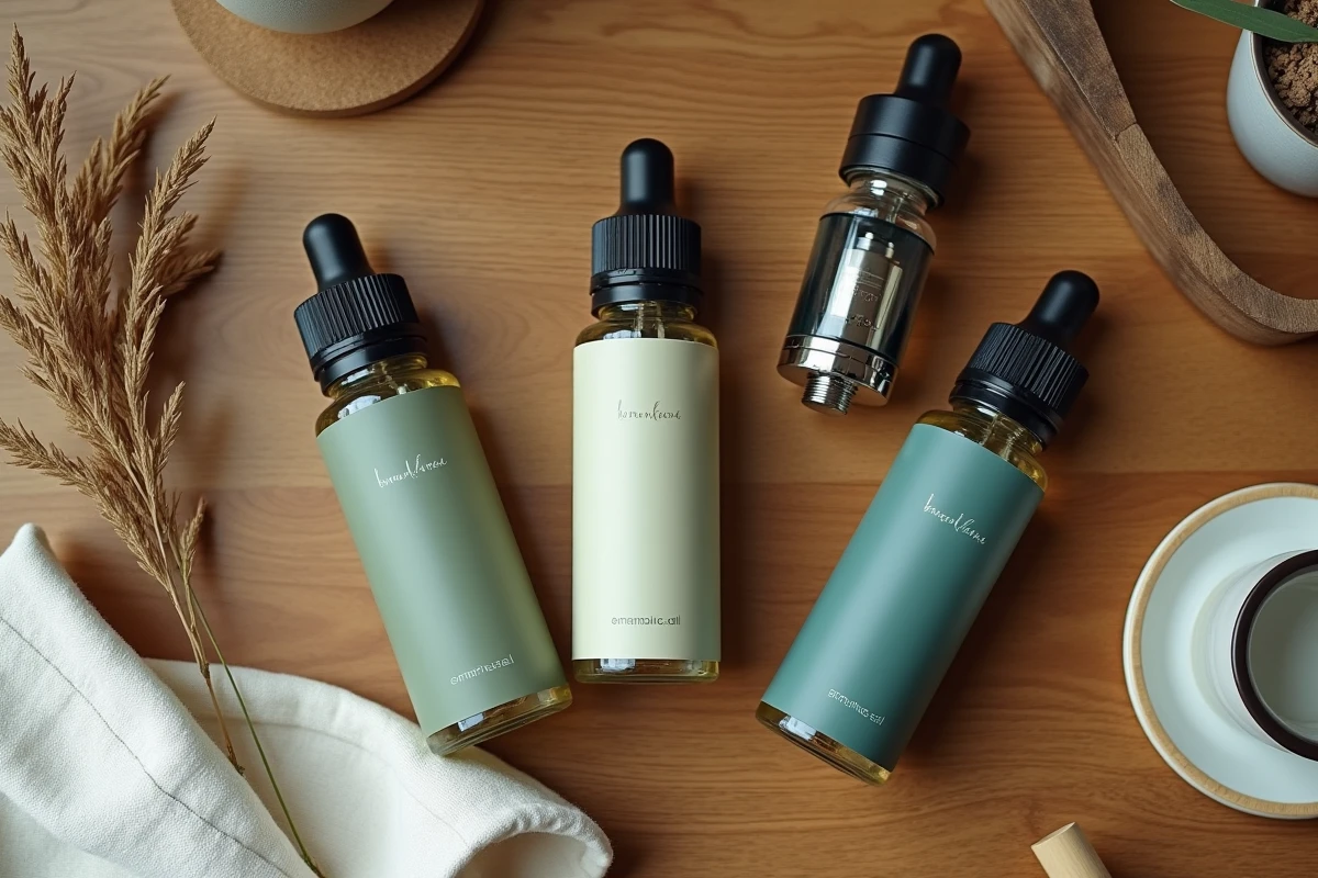 Flat lay de flacons d'e-liquides premium avec un vaporisateur démonté sur une table en chêne, composition soignée aux tons neutres pour illustrer la qualité des e-liquides haut de gamme