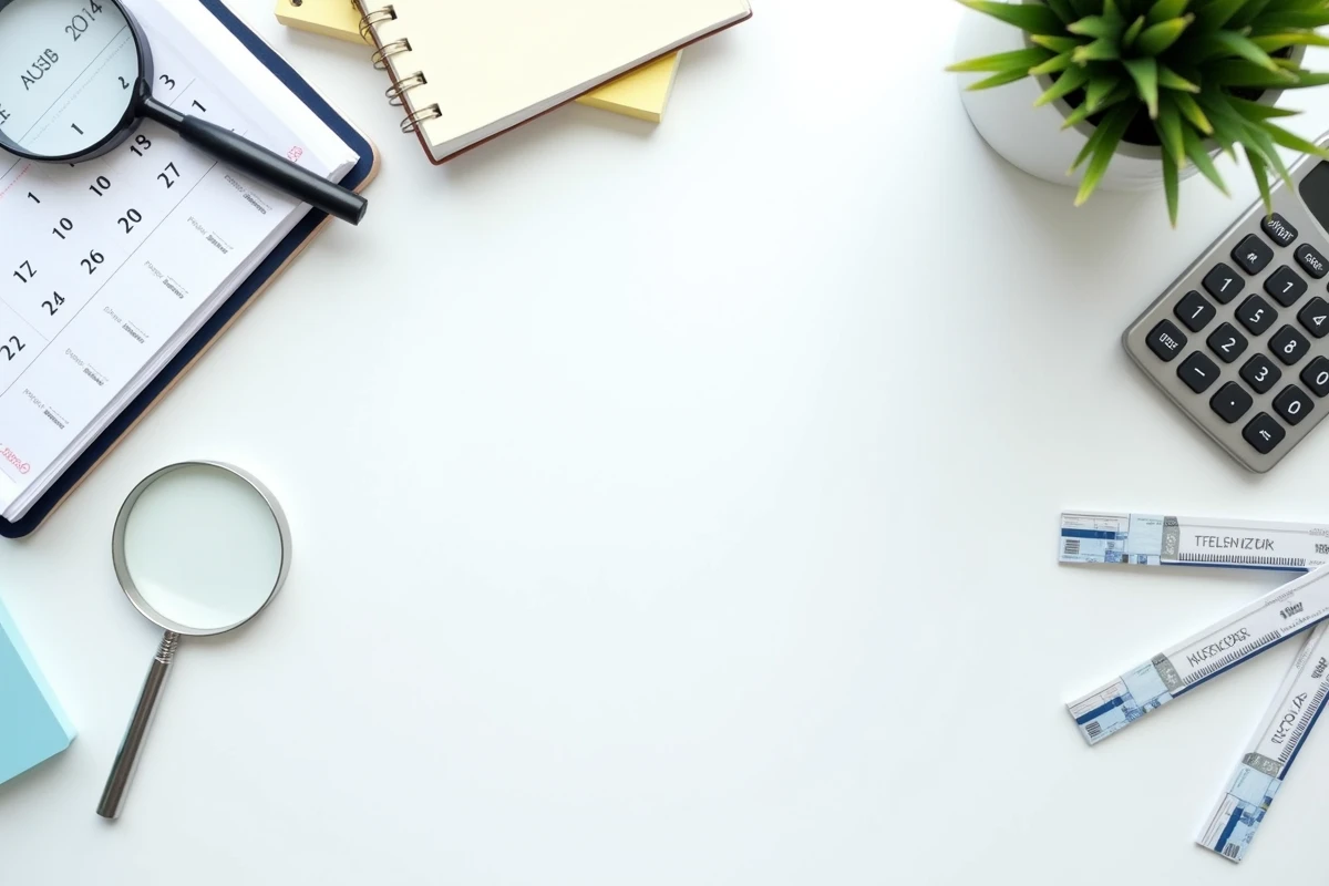 Vue de dessus montrant un calendrier, une loupe et des billets d'avion représentant la planification pour trouver des tarifs aériens réduits