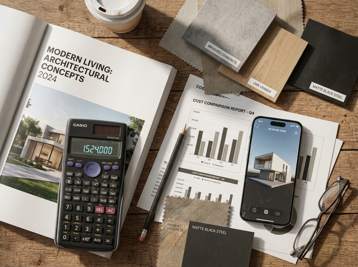 Composition vue de dessus devis construction maison moderne avec plans, calculette et matériaux