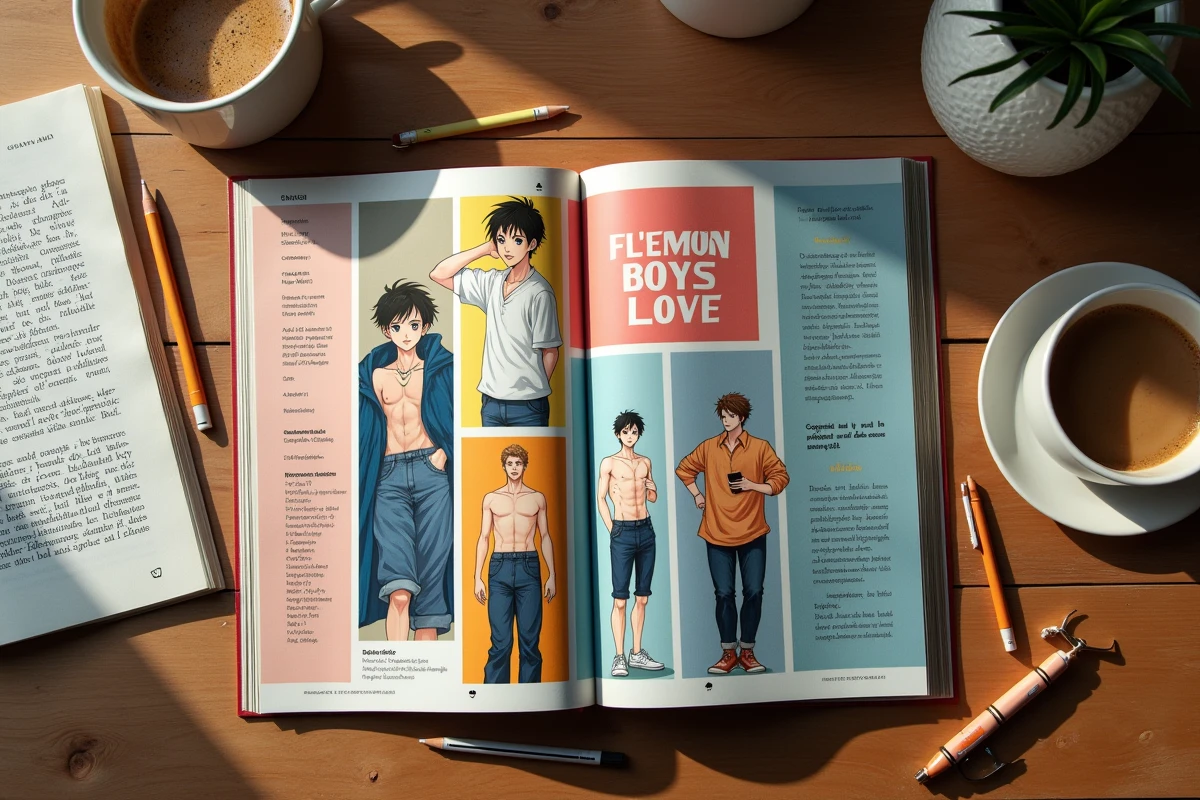 Composition à plat de plusieurs mangas boys love en français sur un bureau en bois avec accessoires de lecture
