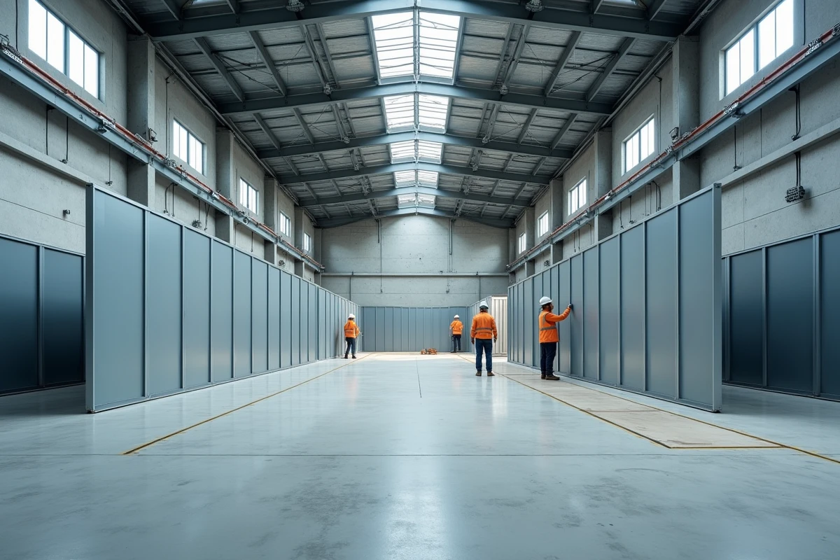 Intérieur d'un bâtiment industriel modulaire avec cloisons amovibles en cours d'installation illustrant la flexibilité et l'évolutivité