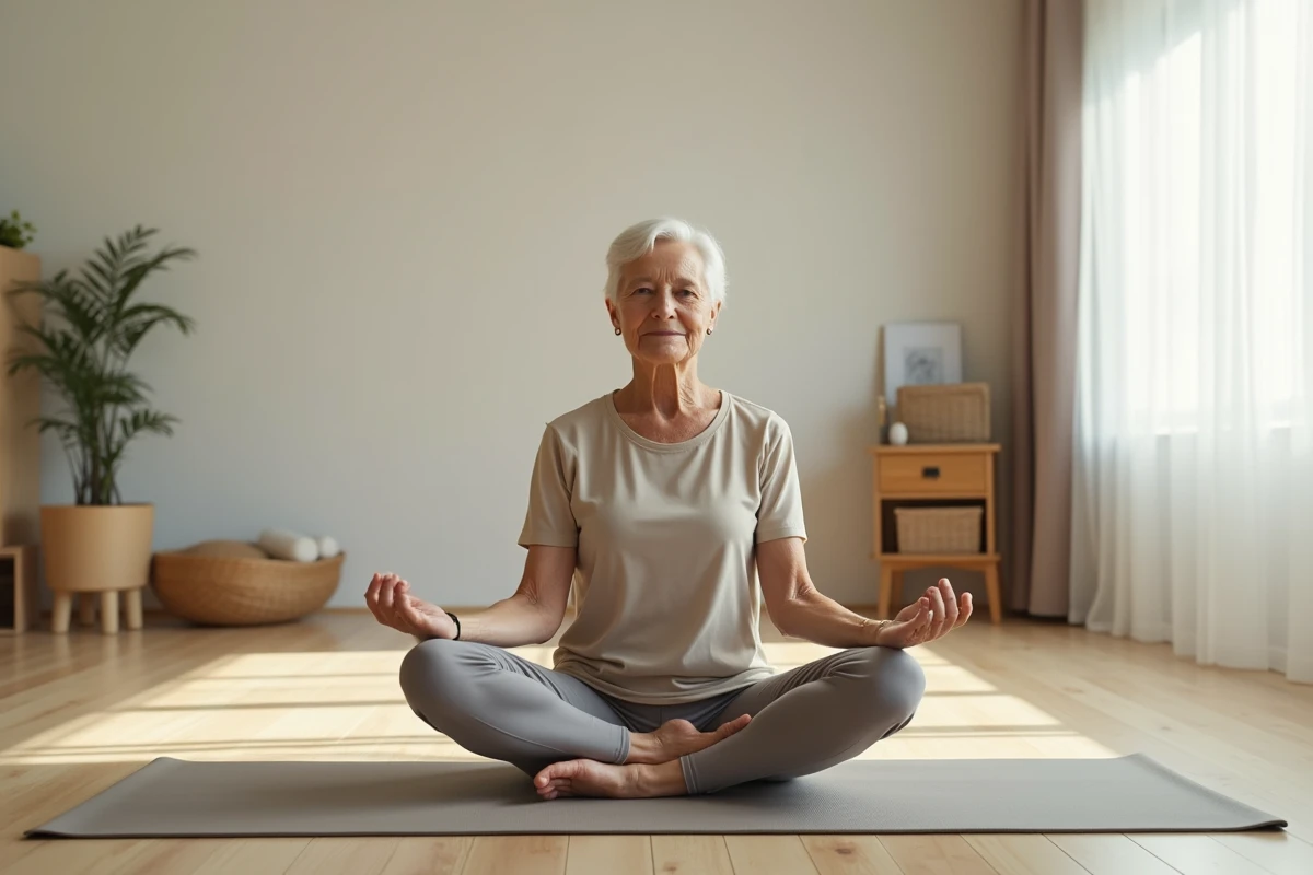 Femme âgée pratiquant le yoga et étirements pour maintenir sa flexibilité et équilibre