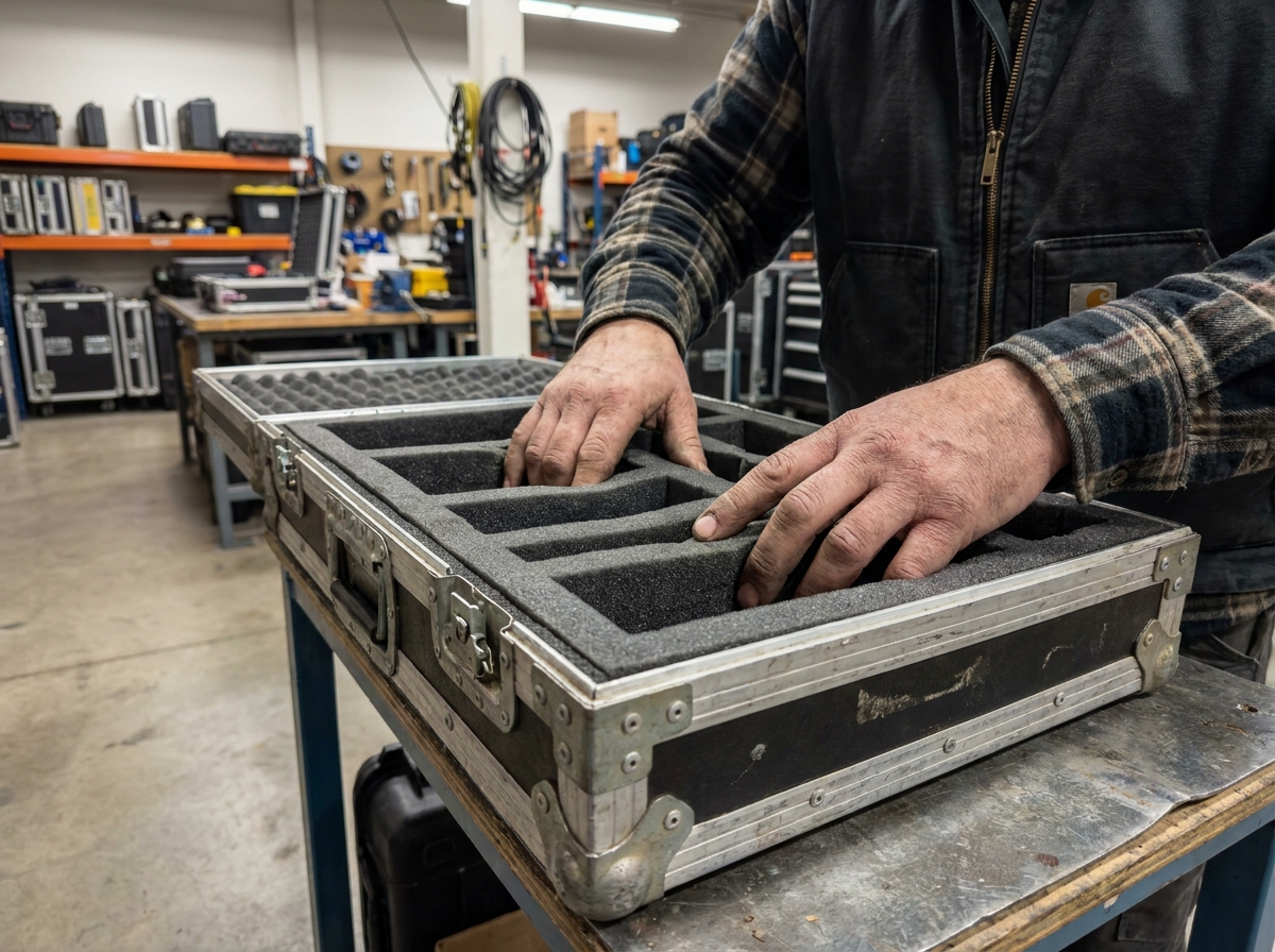 Technicien équipement inspectant les mousses de protection d'un flight case d'occasion sur établi, démontrant la robustesse et la durabilité