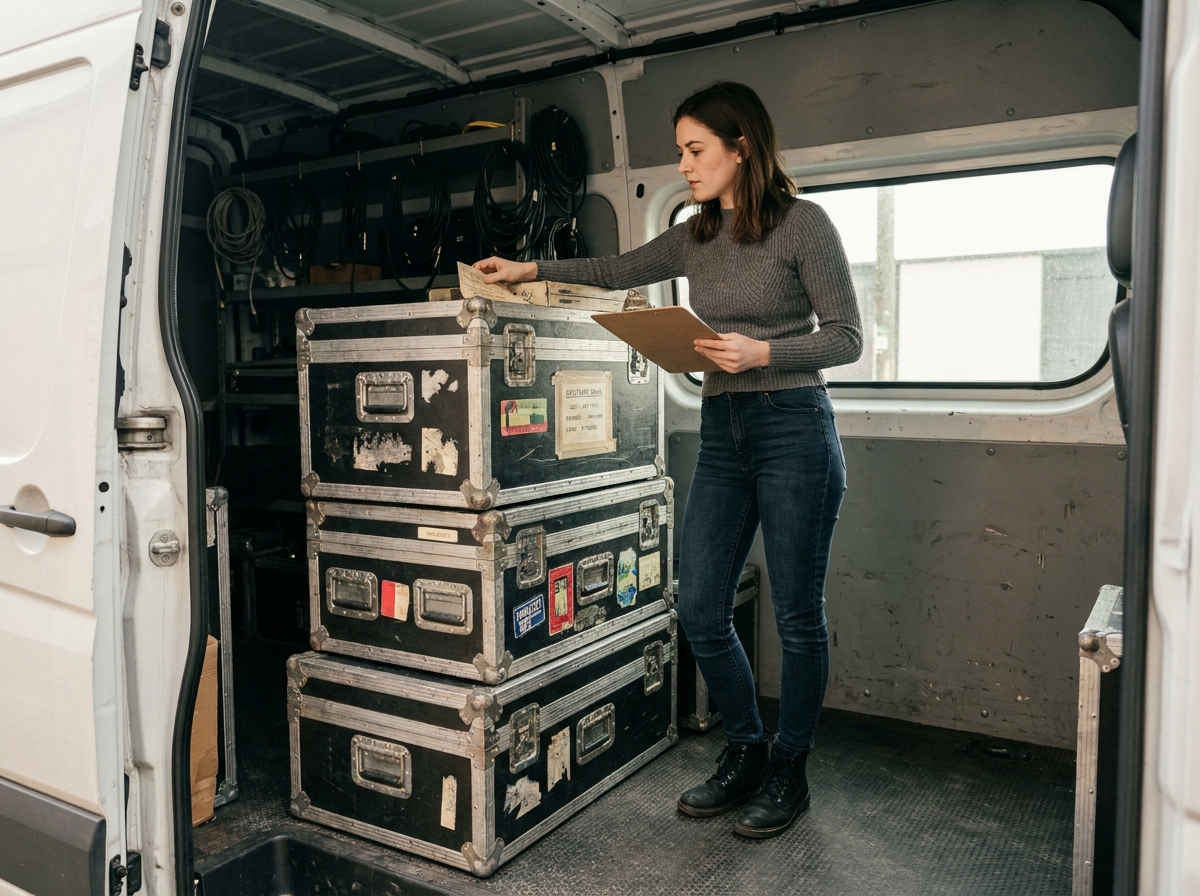 Productrice musicale examinant des flight cases empilés dans un van de tournée pour vérifier l'état du matériel de transport d'occasion