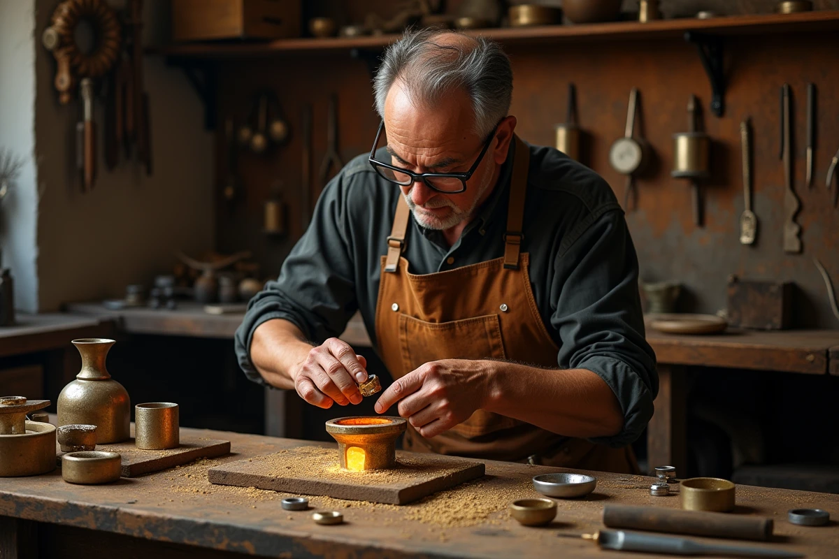 Un maître joaillier en atelier réalisant la fonte de l'or et le sertissage d'une pierre sur une bague de fiançailles artisanale