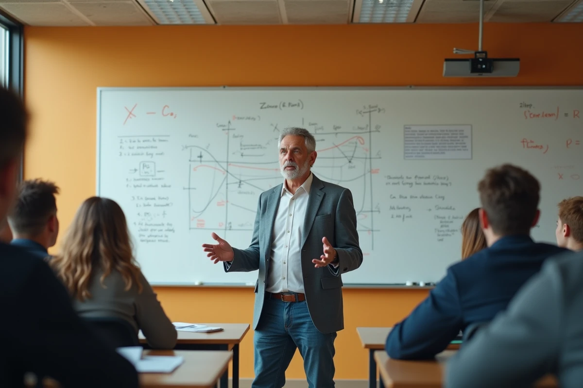 Instructeur expérimenté expliquant les concepts de l'IA devant un tableau blanc dans une salle de formation