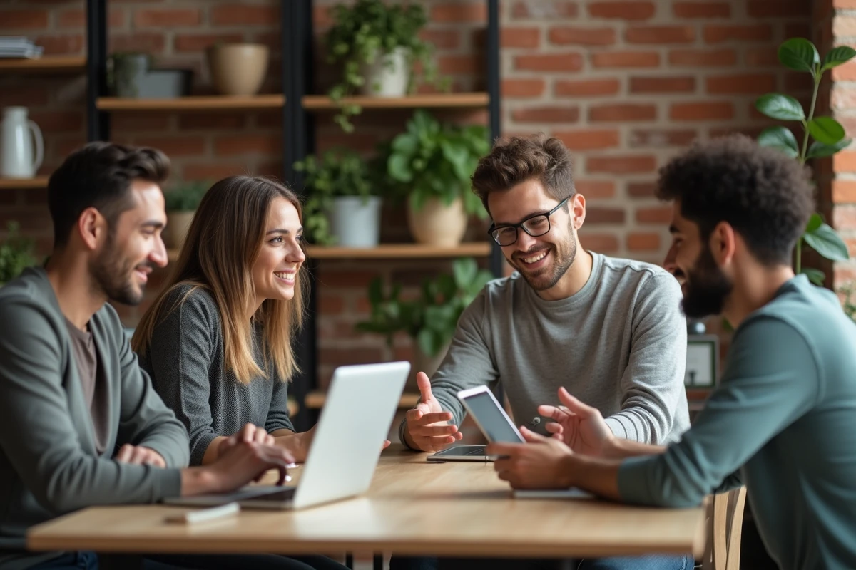Groupe d'étudiants divers suivant une formation en intelligence artificielle autour d'une table collaborative