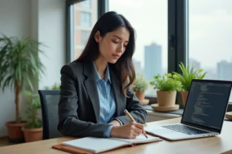 Femme professionnelle suivant une formation en intelligence artificielle, travaillant sur son ordinateur portable dans un bureau moderne