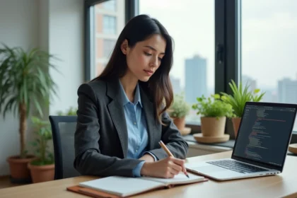 Femme professionnelle suivant une formation en intelligence artificielle, travaillant sur son ordinateur portable dans un bureau moderne
