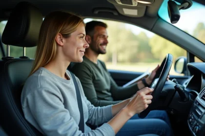 Élève en cours de permis accéléré pratiquant la conduite avec son moniteur dans une voiture école
