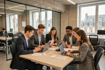 Groupe d'étudiants en formation en alternance à Caen dans un campus moderne
