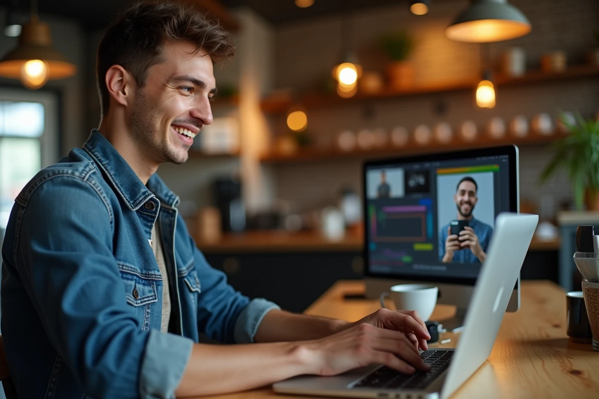 Photographe utilisant un logiciel de retouche photo gratuit sur son ordinateur portable