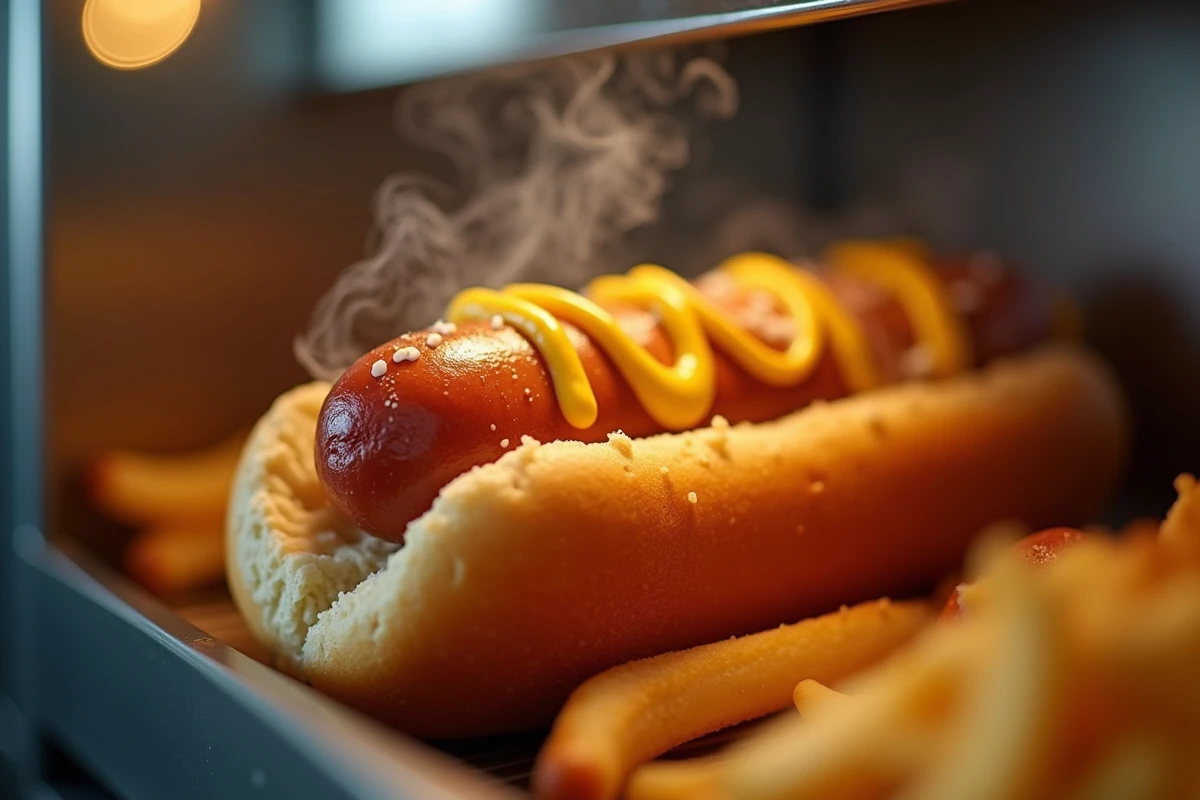 Gros plan d'un hot dog fraîchement préparé sortant d'une machine commerciale