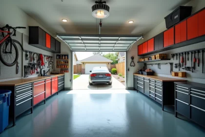Vue grand angle d'un garage résidentiel bien organisé avec étagères murales, panneaux perforés, rangements au plafond et vélo accroché au mur, dégageant un espace au sol clair