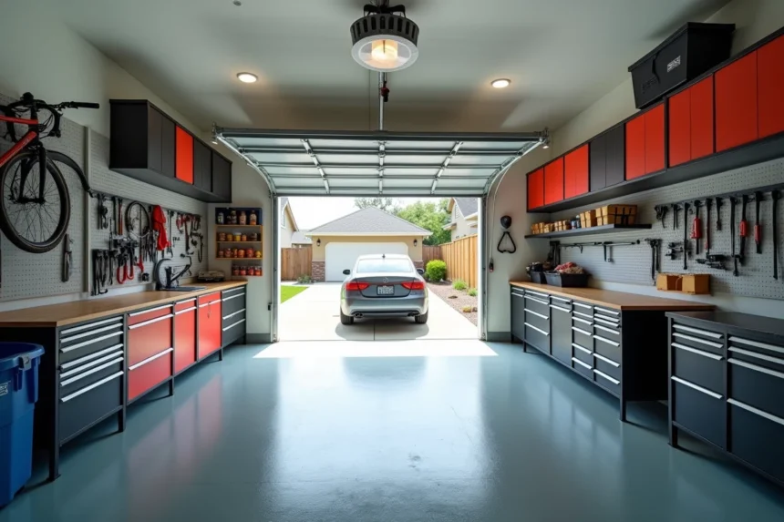 Vue grand angle d'un garage résidentiel bien organisé avec étagères murales, panneaux perforés, rangements au plafond et vélo accroché au mur, dégageant un espace au sol clair