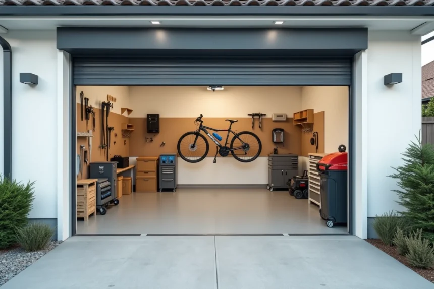 Garage résidentiel organisé avec une porte sectionnelle relevable ouverte, révélant un espace optimisé avec rangements muraux et vélo suspendu