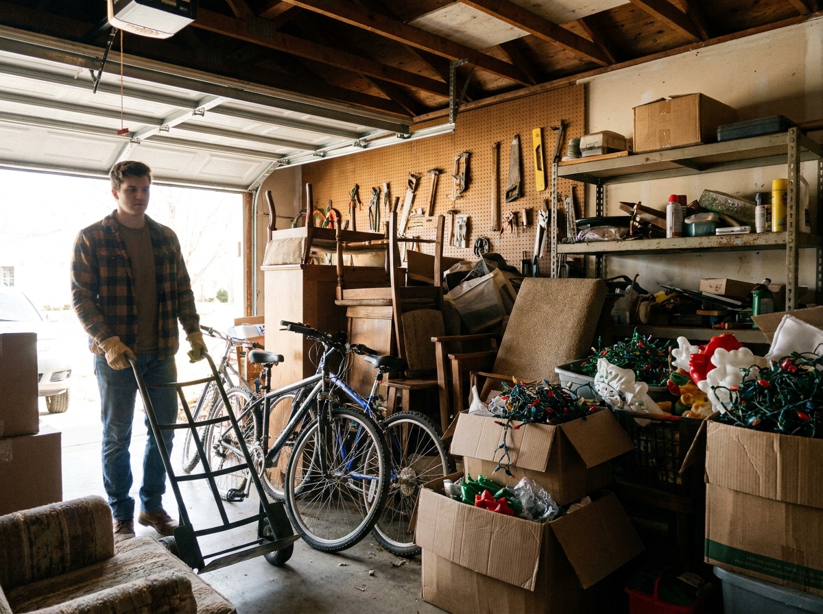Garage encombré de meubles et cartons avant stockage en box de rangement