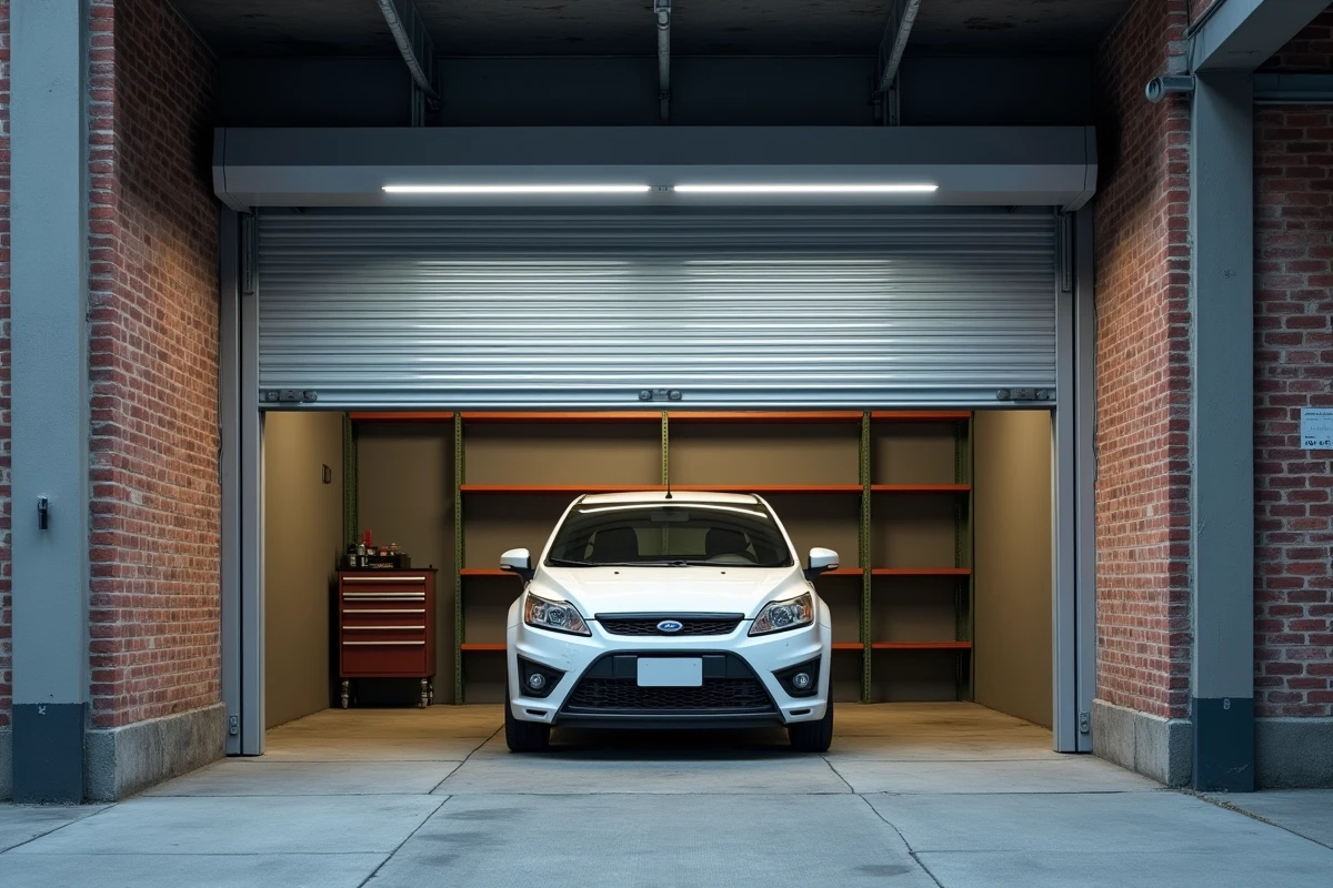 Petit garage urbain avec porte enroulable en aluminium relevée au plafond, libérant l'espace pour une voiture et des étagères de rangement