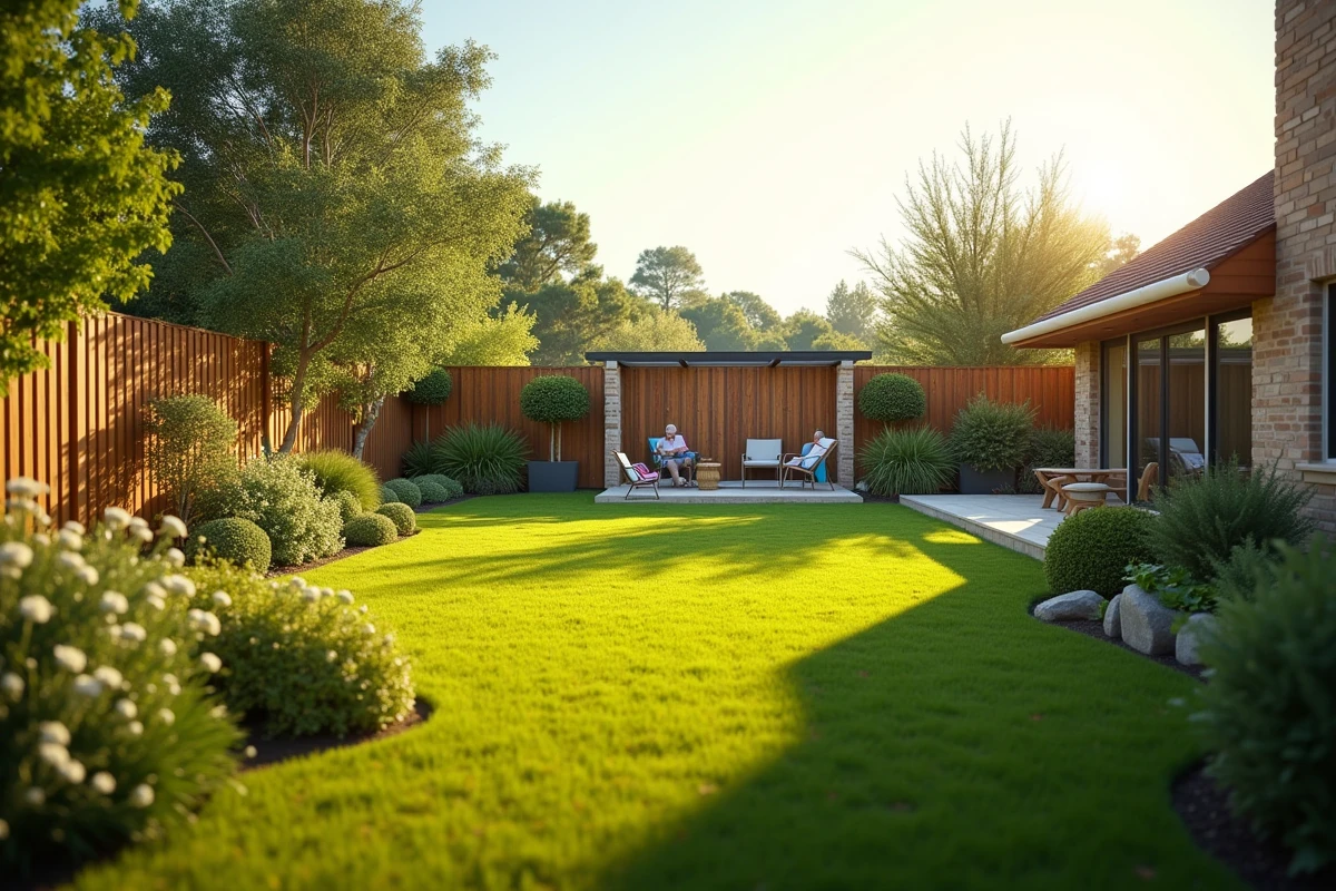Vue panoramique d'un jardin spacieux avec clôture en aluminium délimitant les espaces extérieurs