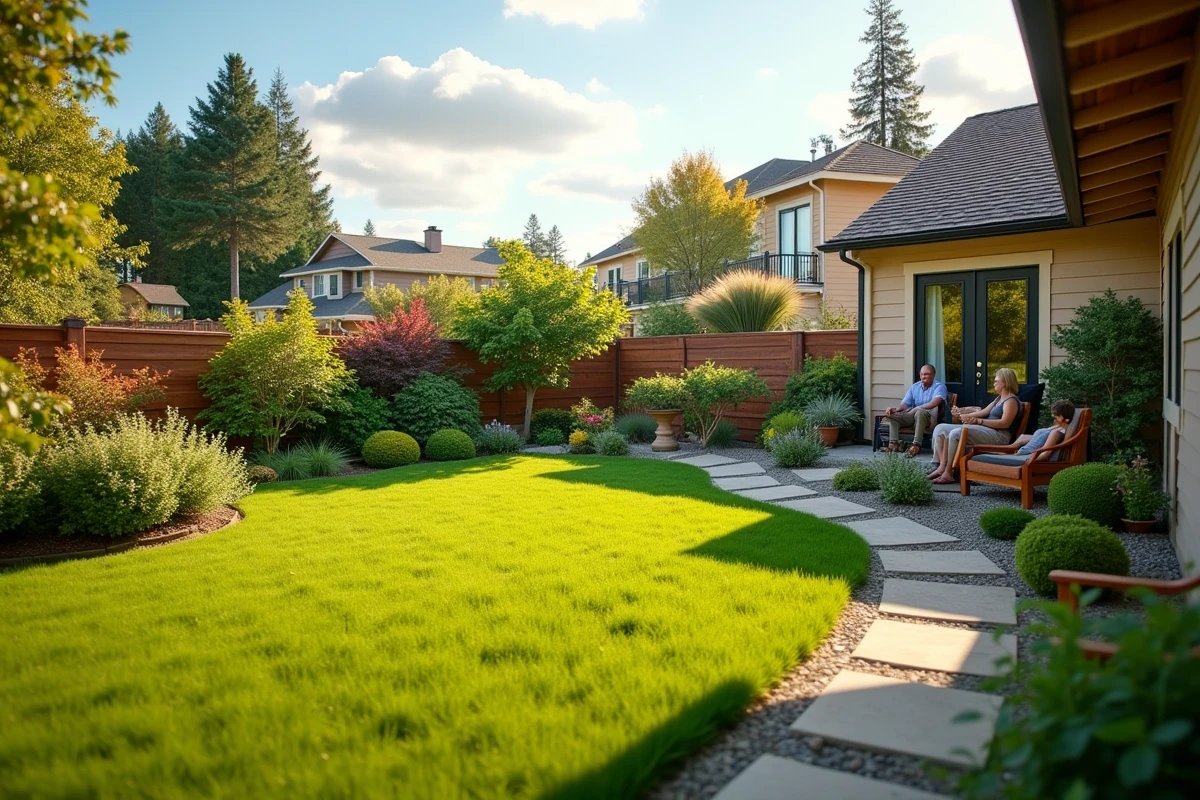 Jardin aménagé avec clôture aluminium créant un espace extérieur familial moderne et élégant