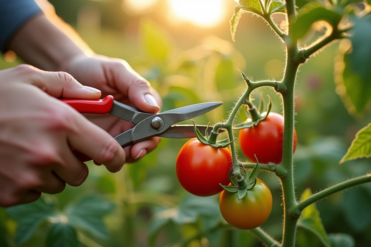 Mains de jardinier taillant plant tomate - techniques culture tomates