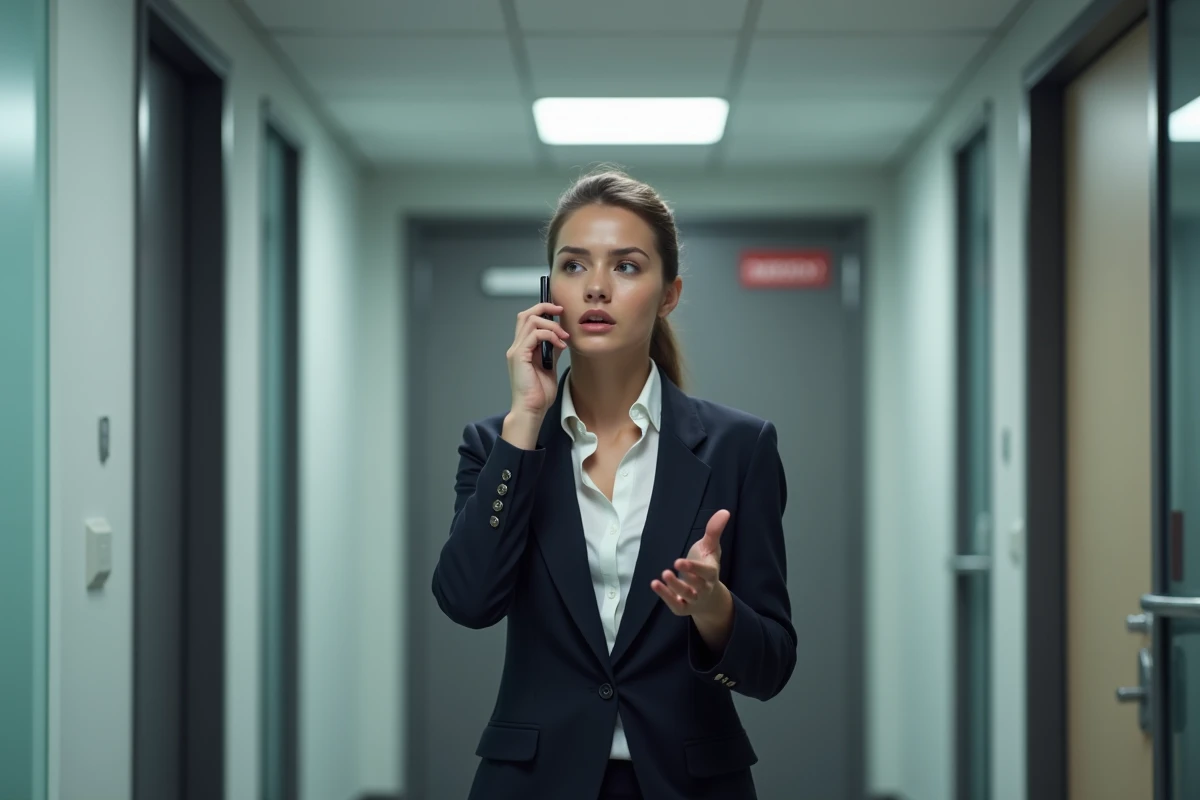 Gestionnaire de crise en action au téléphone dans les premières minutes critiques pour coordonner la réponse d'urgence