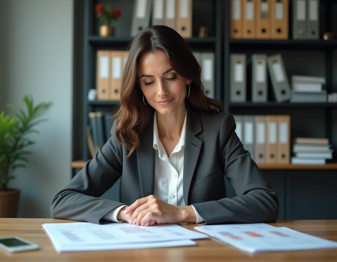 Professionnelle de la gestion immobilière analysant des dossiers de maintenance dans un bureau organisé