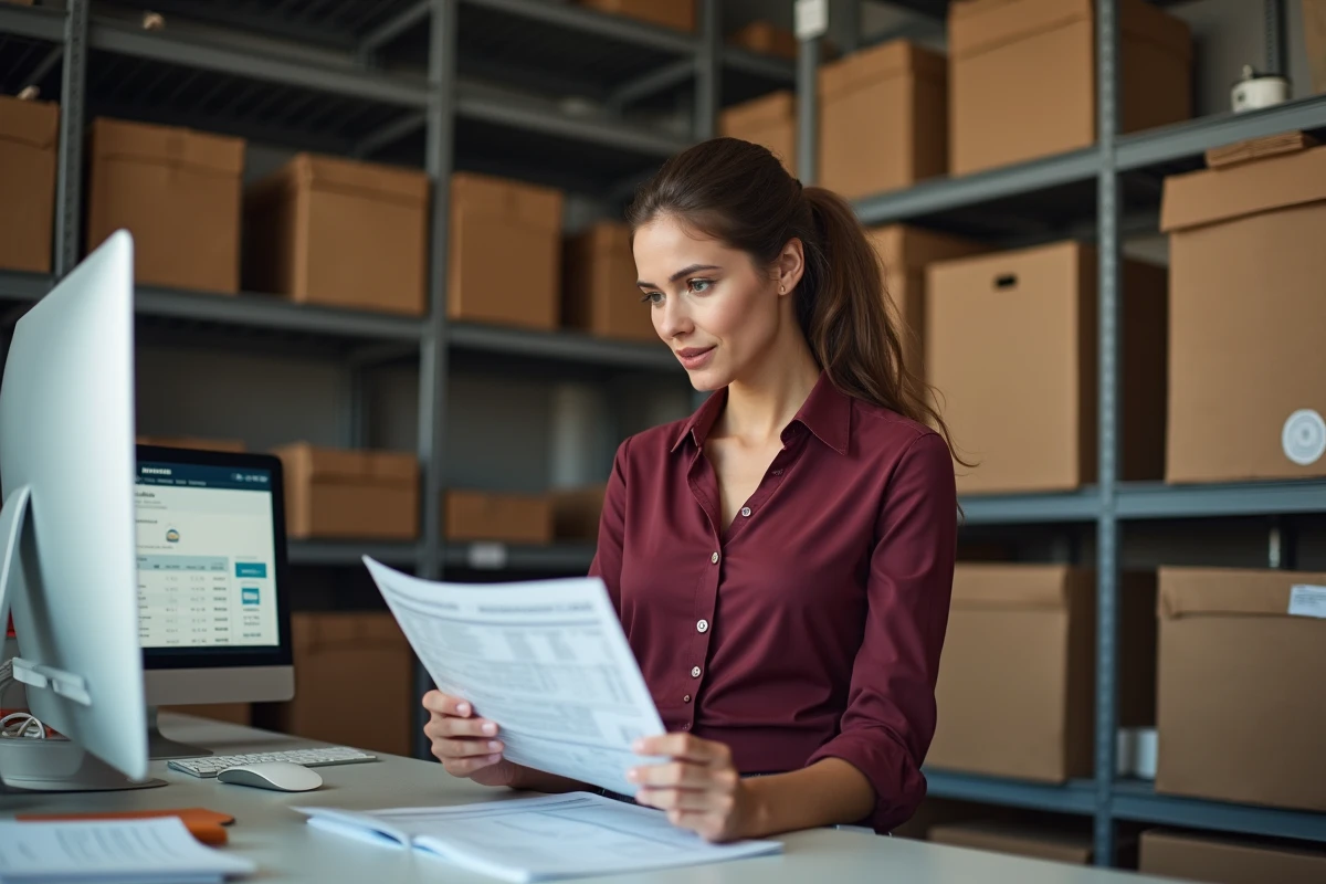 Dirigeante de PME optimisant la gestion quotidienne de la trésorerie en consultant un prévisionnel et son application bancaire