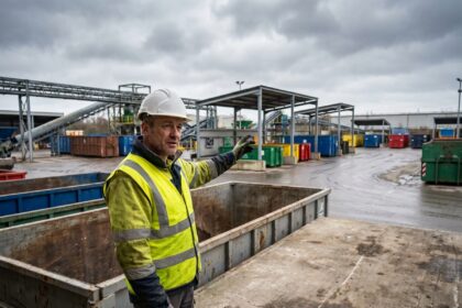 Gestionnaire de site industriel en gilet jaune et casque de sécurité debout à côté d'une benne à déchets sur une plateforme bétonnée avec stations de tri en arrière-plan