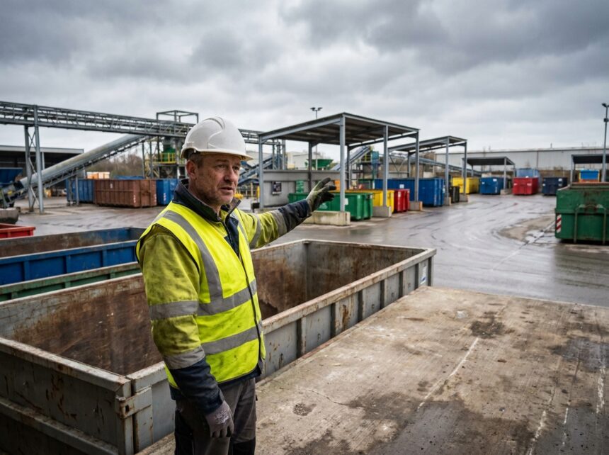 Gestionnaire de site industriel en gilet jaune et casque de sécurité debout à côté d'une benne à déchets sur une plateforme bétonnée avec stations de tri en arrière-plan