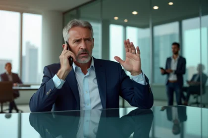 Homme d'affaires en costume bleu foncé dans une salle de conférence moderne, au téléphone avec une expression d'urgence, symbolisant la gestion de crise en entreprise