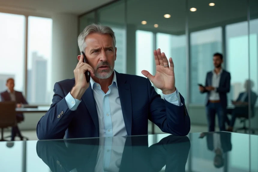 Homme d'affaires en costume bleu foncé dans une salle de conférence moderne, au téléphone avec une expression d'urgence, symbolisant la gestion de crise en entreprise