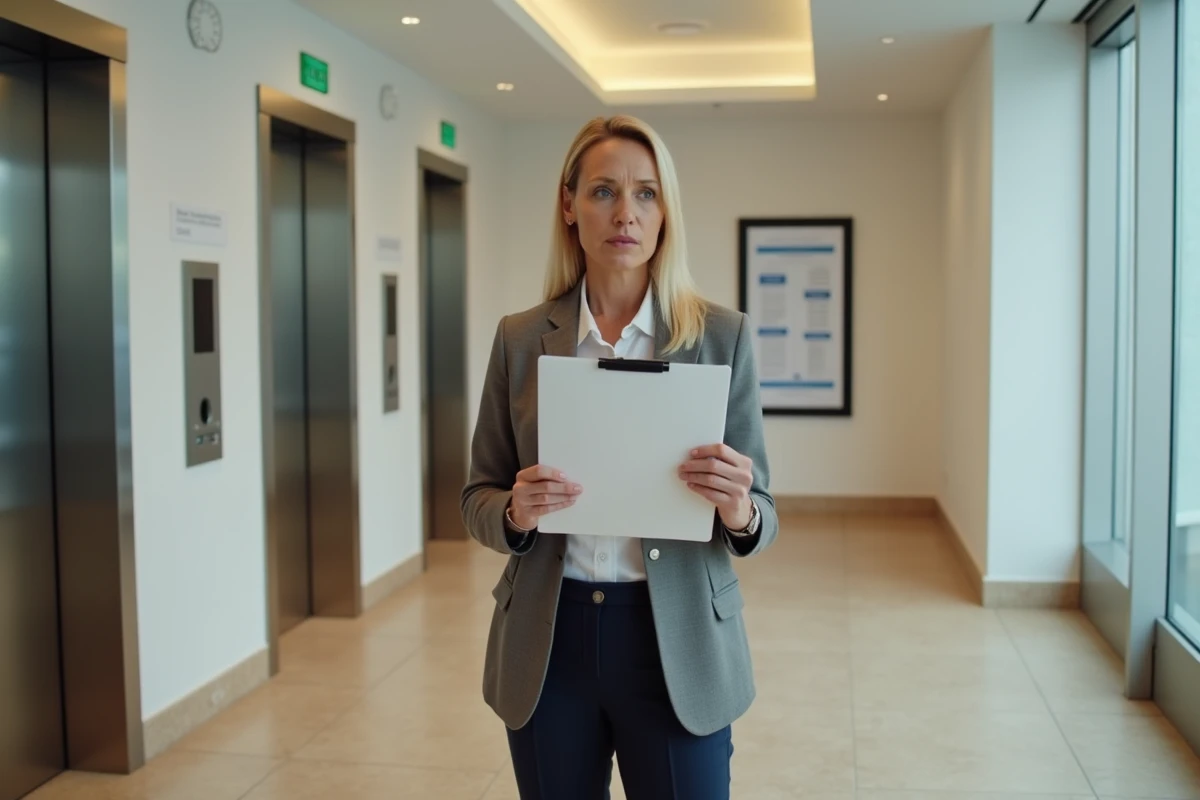 Gestionnaire d'immeuble consultant un dossier de maintenance devant les portes d'ascenseur d'un petit réseau immobilier