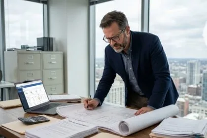 gestionnaire immobilier professionnel étudiant des contrats et plans architecturaux à son bureau avec logiciel de gestion immobilière