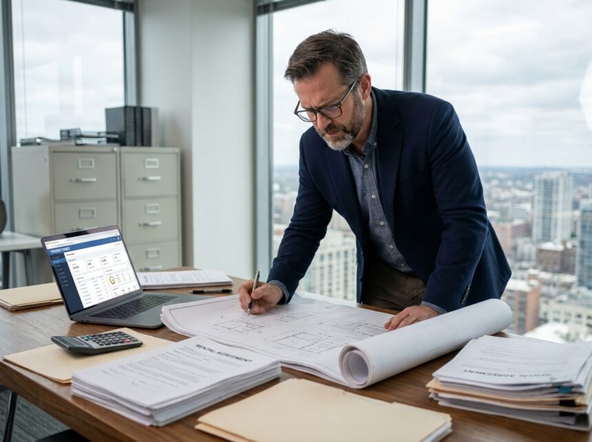 gestionnaire immobilier professionnel étudiant des contrats et plans architecturaux à son bureau avec logiciel de gestion immobilière
