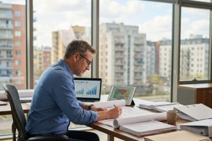 Gestionnaire immobilier professionnel analysant des plans et données financières à son bureau, illustration de la complexité de la gestion patrimoniale