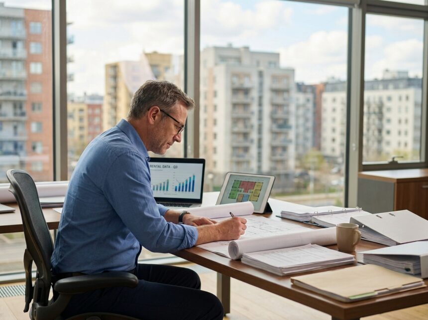 Gestionnaire immobilier professionnel analysant des plans et données financières à son bureau, illustration de la complexité de la gestion patrimoniale