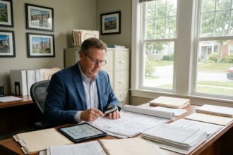 Gestionnaire immobilier examinant des plans et documents dans un bureau professionnel avec murs couverts de photographies de propriétés