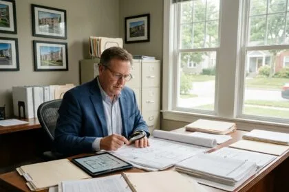 Gestionnaire immobilier examinant des plans et documents dans un bureau professionnel avec murs couverts de photographies de propriétés