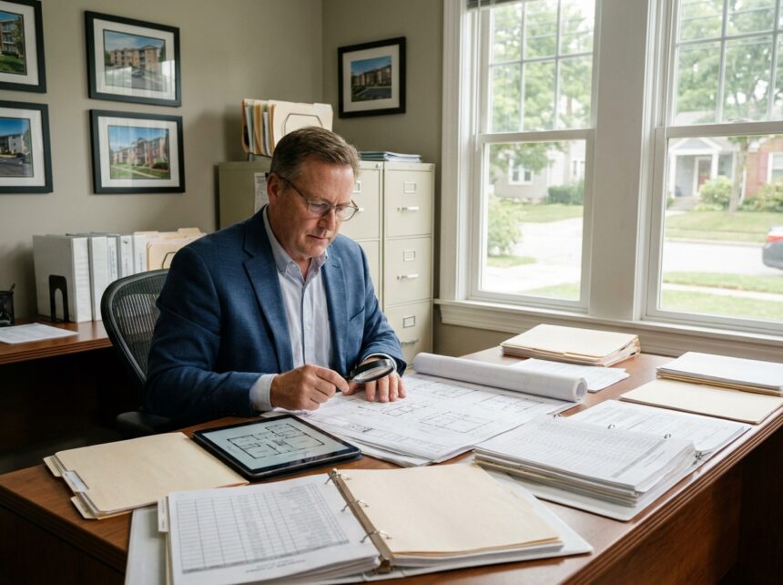 Gestionnaire immobilier examinant des plans et documents dans un bureau professionnel avec murs couverts de photographies de propriétés