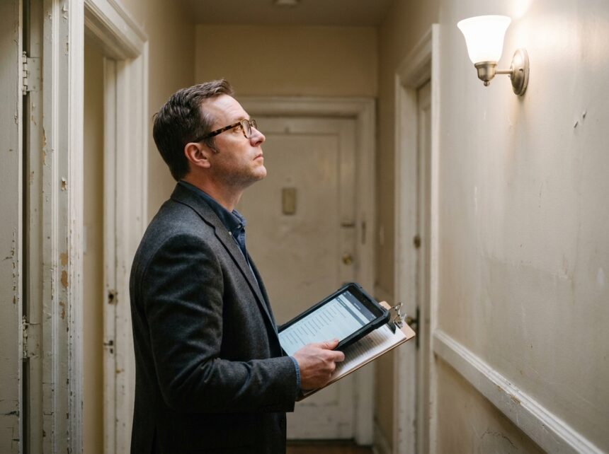 Gestionnaire immobilier professionnel inspectant un couloir d'immeuble résidentiel avec tablette et documents, démontrant la nécessité d'une gestion rigoureuse et expérimentée