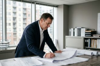 Gestionnaire immobilier professionnel étudiant des plans architecturaux sur un bureau dans un bureau moderne avec vue sur des immeubles résidentiels