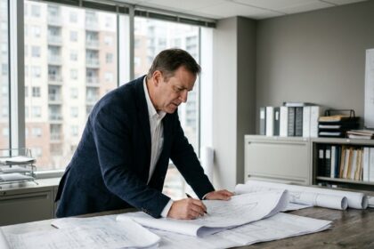 Gestionnaire immobilier professionnel étudiant des plans architecturaux sur un bureau dans un bureau moderne avec vue sur des immeubles résidentiels