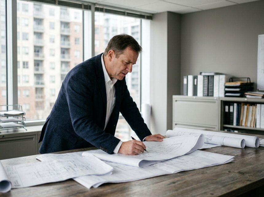 Gestionnaire immobilier professionnel étudiant des plans architecturaux sur un bureau dans un bureau moderne avec vue sur des immeubles résidentiels