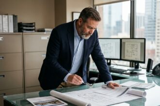 Gestionnaire immobilier professionnel consultant des plans et documents de propriétés dans un bureau moderne équipé