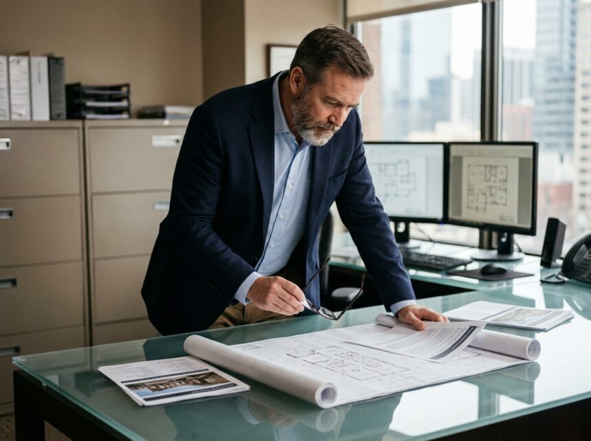 Gestionnaire immobilier professionnel consultant des plans et documents de propriétés dans un bureau moderne équipé
