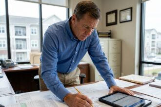 Gestionnaire immobilier professionnel étudiant des plans architecturaux et documents de gestion immobilière à son bureau, représentant la complexité de la gestion de parc immobilier