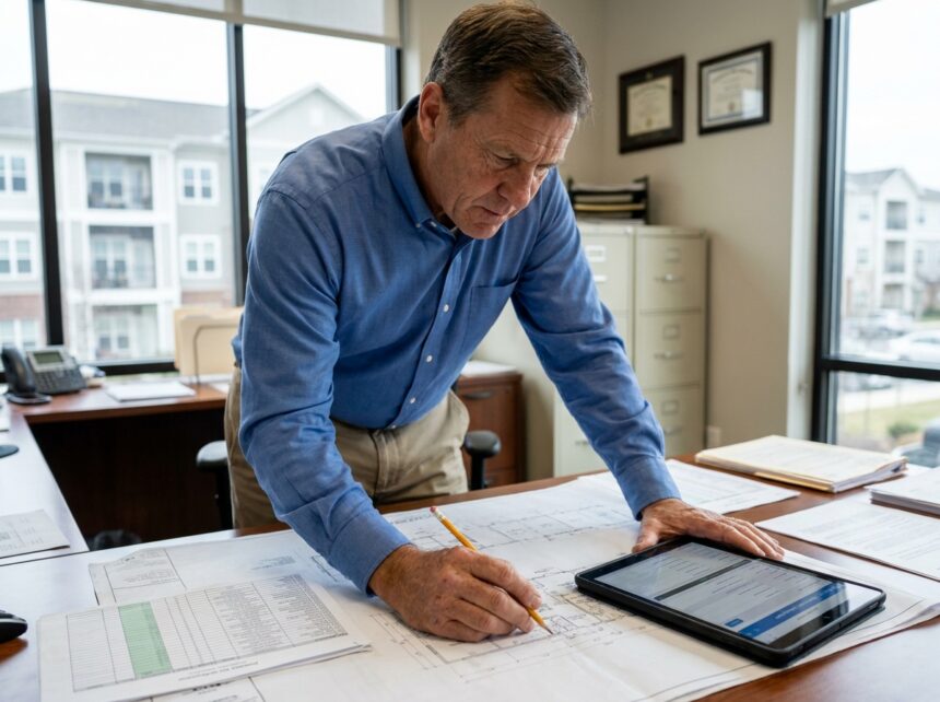 Gestionnaire immobilier professionnel étudiant des plans architecturaux et documents de gestion immobilière à son bureau, représentant la complexité de la gestion de parc immobilier